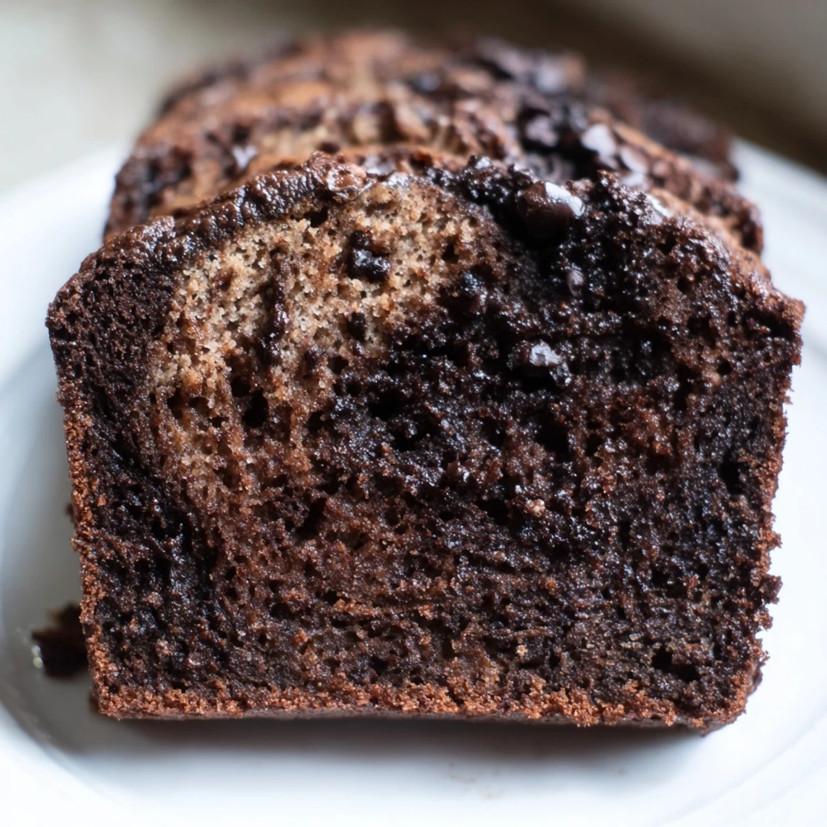 Slice of rich chocolate espresso banana bread showing dark chocolate chunks and tender crumb texture
