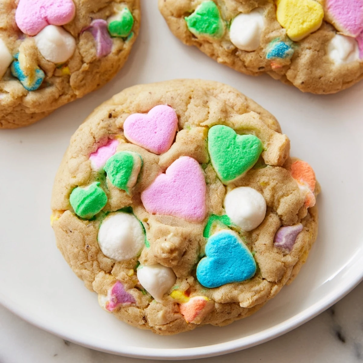 Soft Lucky Charms Cookies bursting with colorful marshmallow pieces on a wooden board