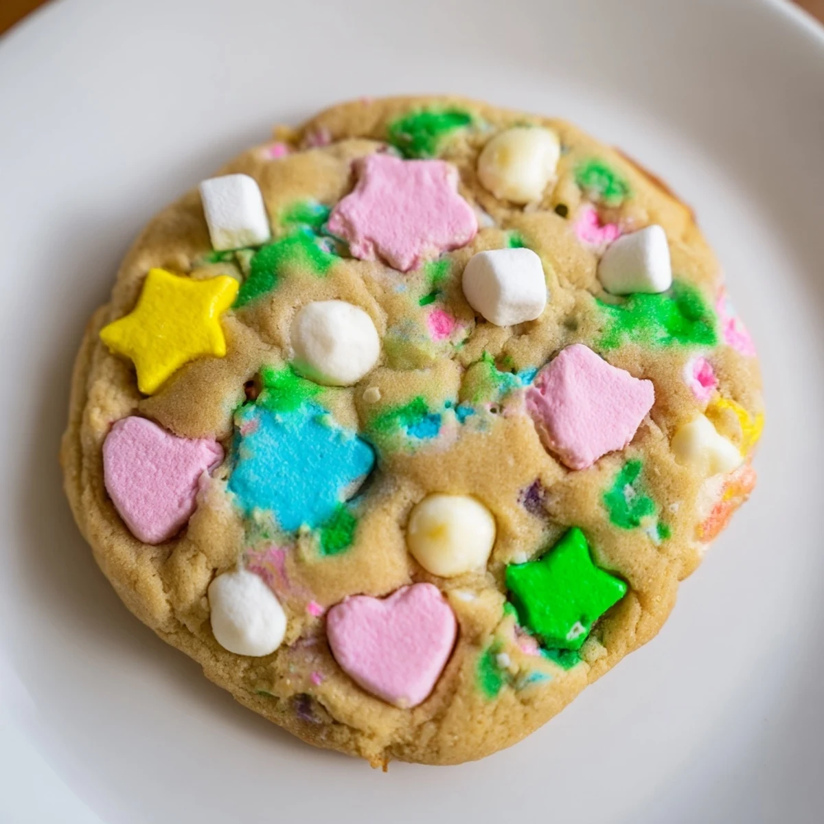 Chewy Lucky Charms Cookies topped with vibrant rainbow marshmallows and white chocolate chips