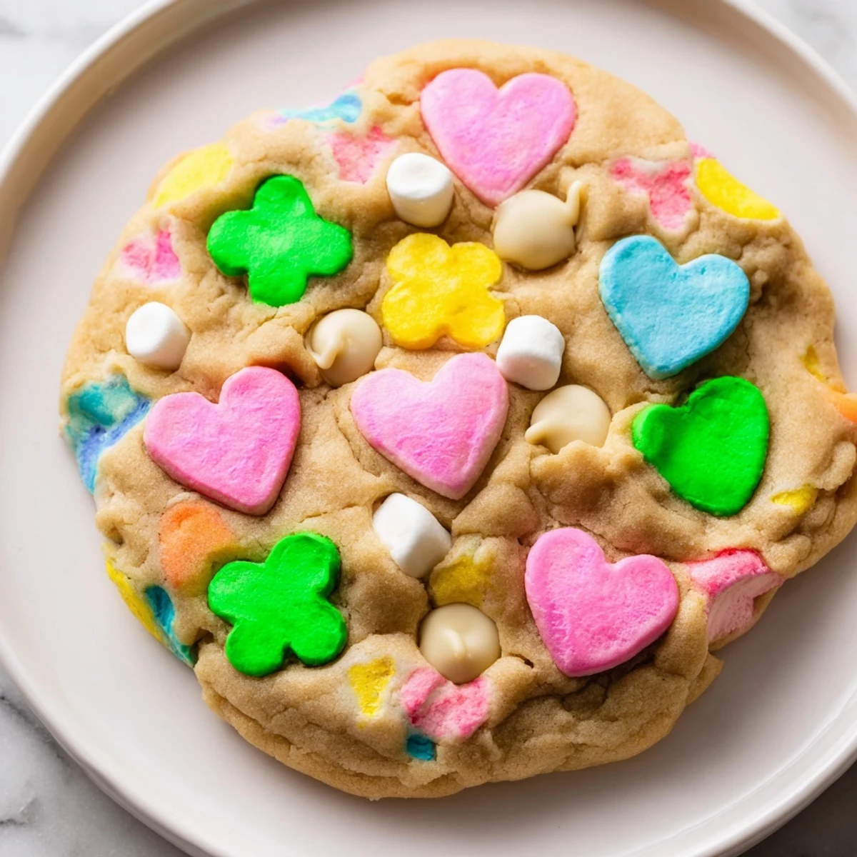 Golden Lucky Charms Cookies studded with pink and green marshmallow charms on parchment paper