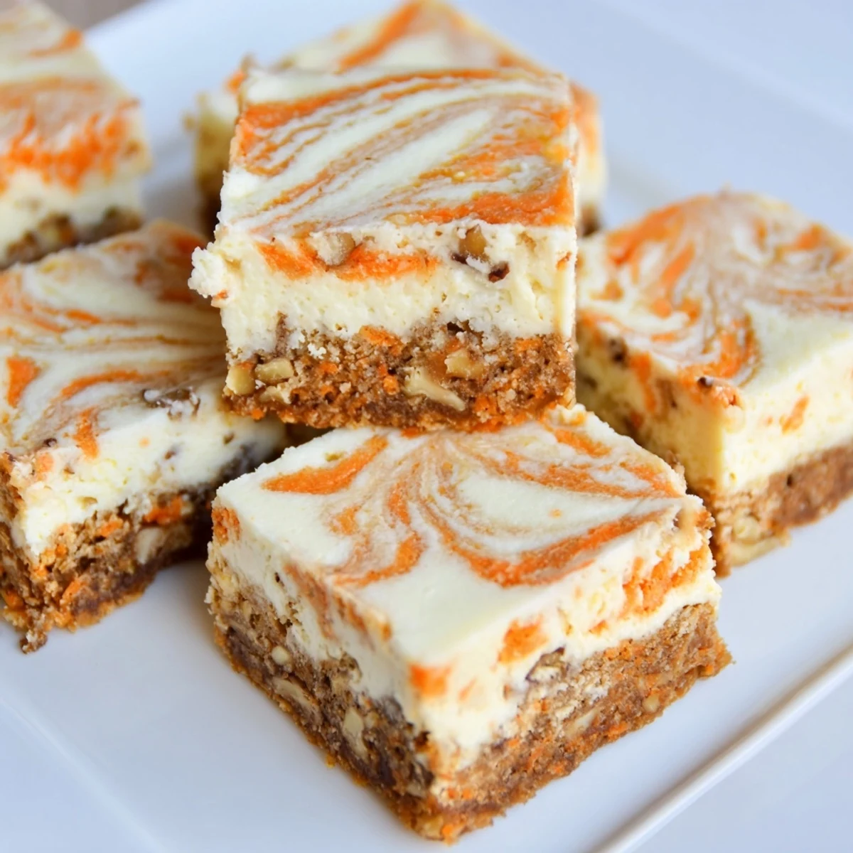 Square slice of moist carrot cake cream cheese bars topped with creamy cheesecake layer