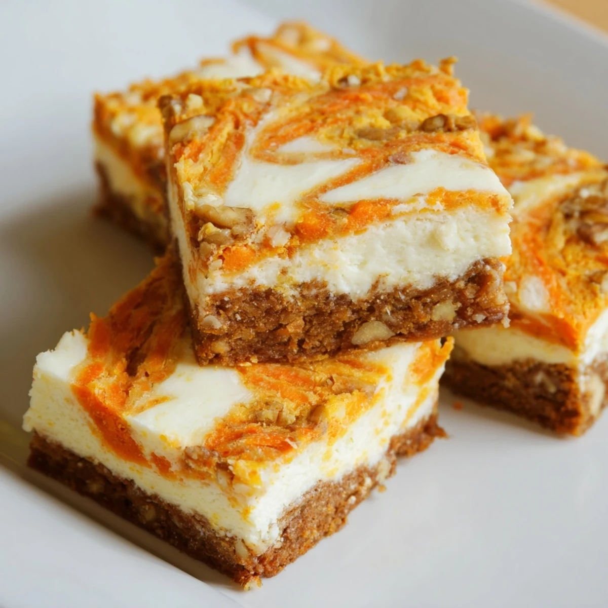 Homemade carrot cake cream cheese bars plated on white surface with fork nearby