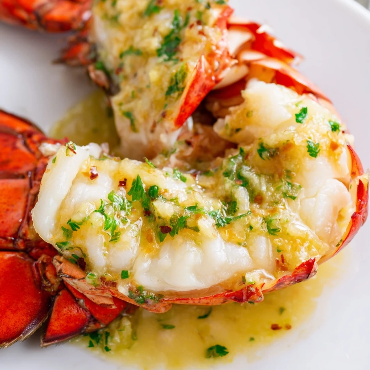 Golden baked garlic butter lobster tails glistening with melted butter and fresh parsley on a white platter