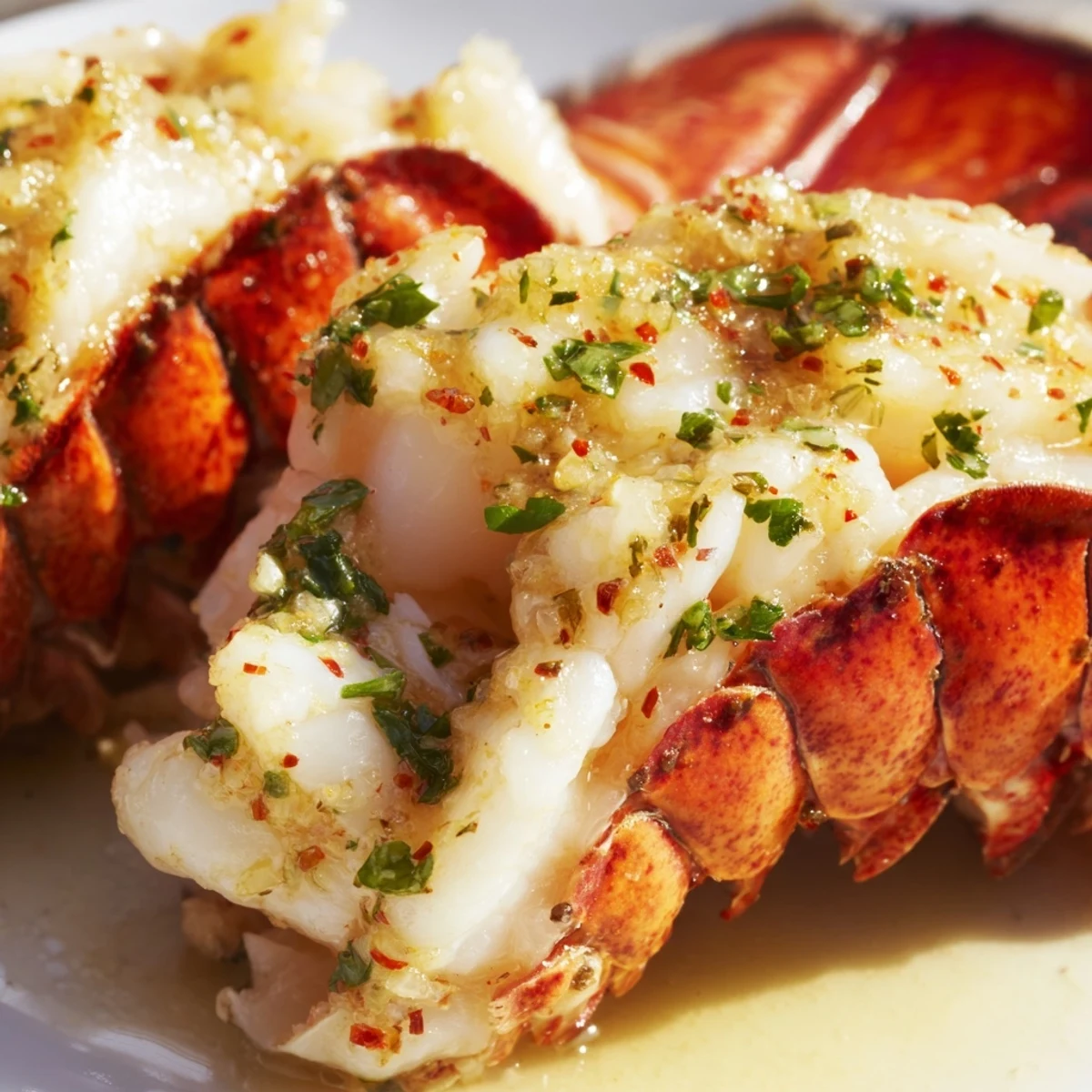 Tender lobster meat brushed with rich garlic butter sauce and garnished with lemon wedges for an elegant dinner