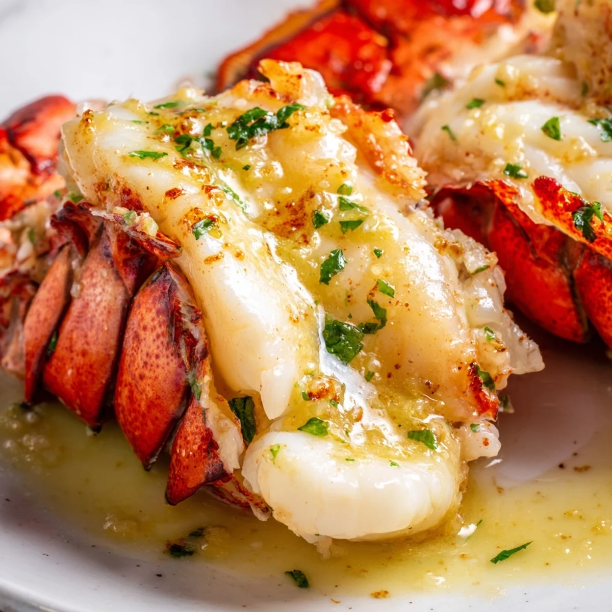 Four succulent lobster tails roasted to perfection in a savory garlic lemon butter sauce on a baking sheet