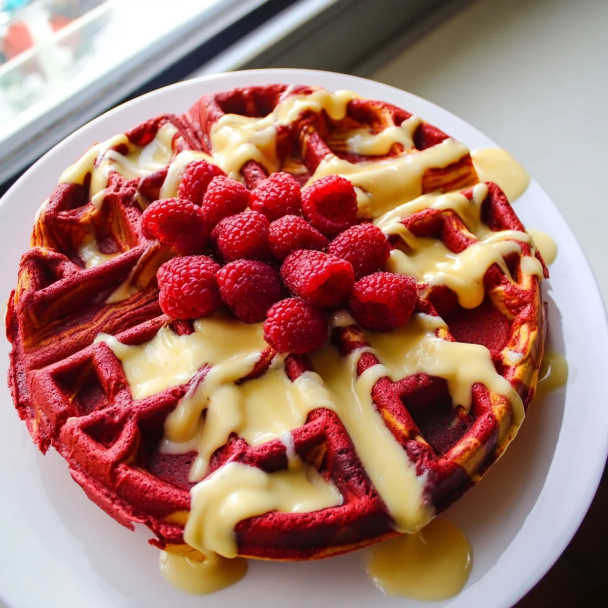 Golden red velvet marble waffles with swirling vanilla patterns drizzled with maple syrup