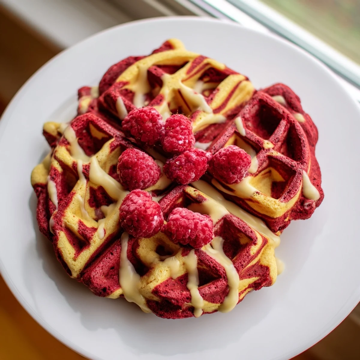 Beautiful marbled red velvet waffles stacked high on a white serving plate
