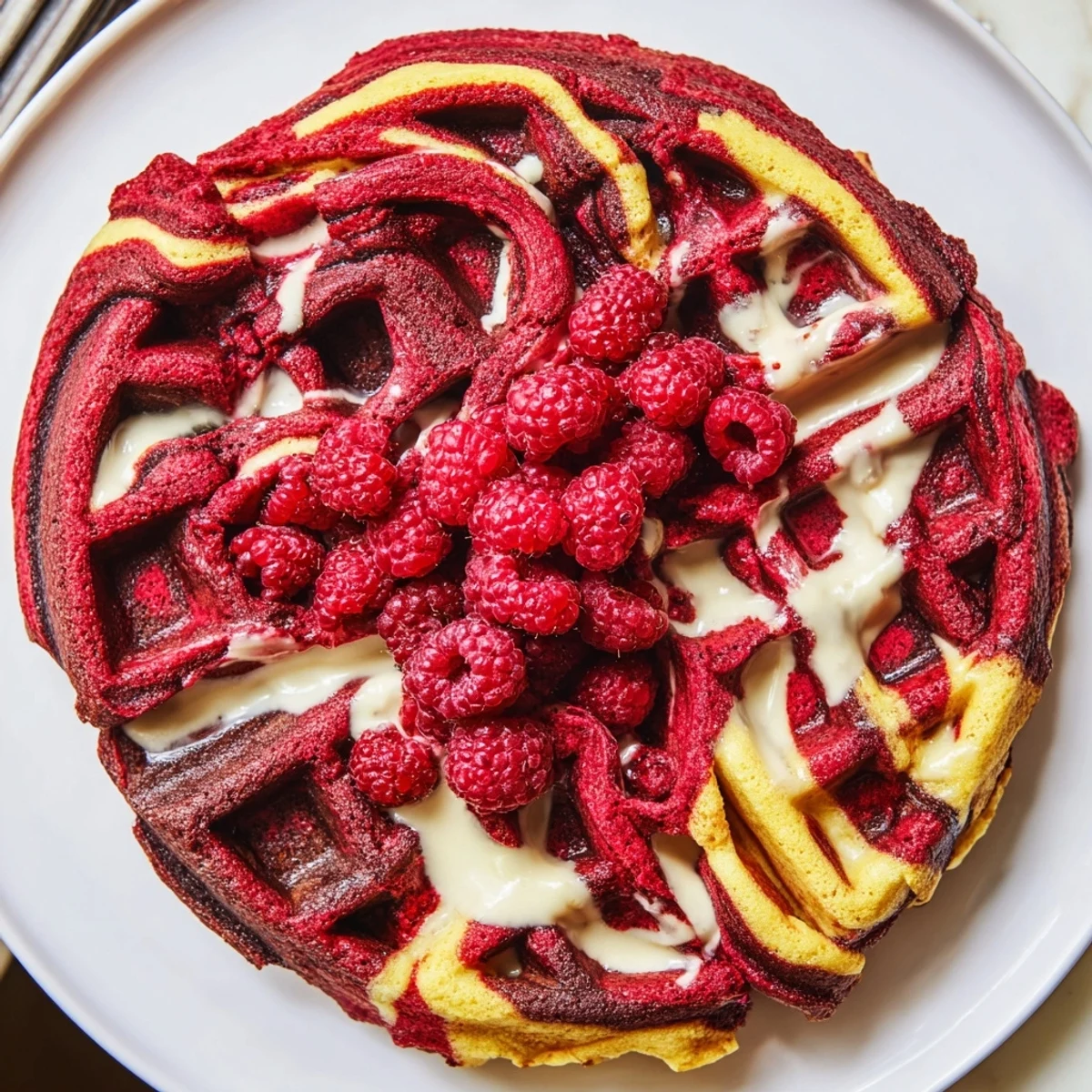 Crispy red velvet marble waffles topped with fresh berries and whipped cream