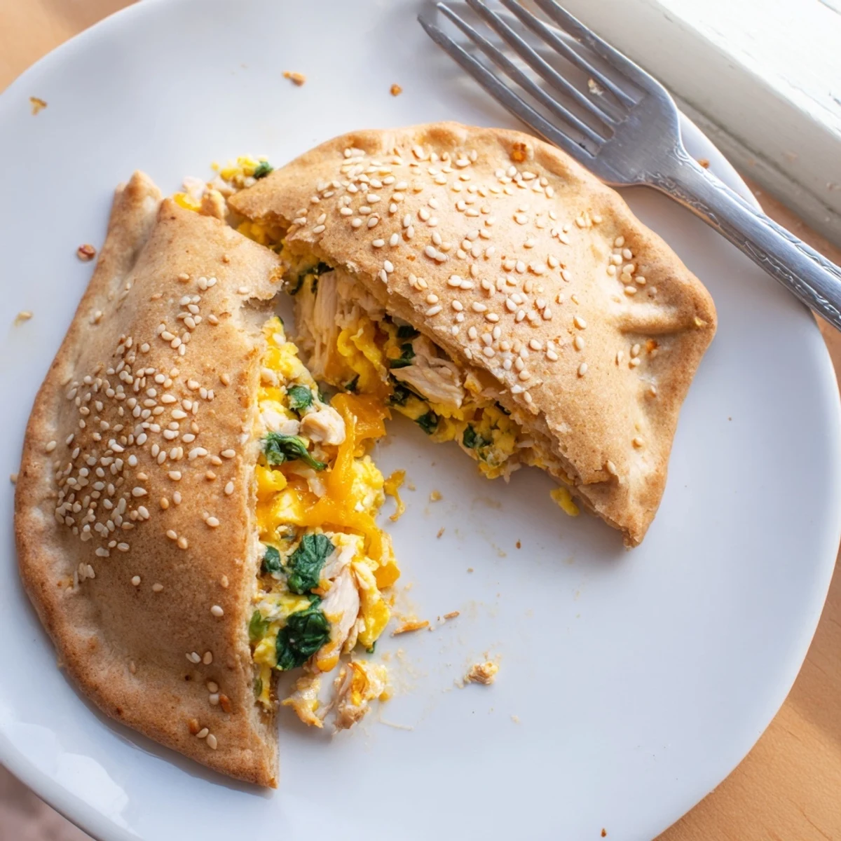 Golden high protein breakfast hot pockets with egg, turkey, and cheese filling baked to perfection