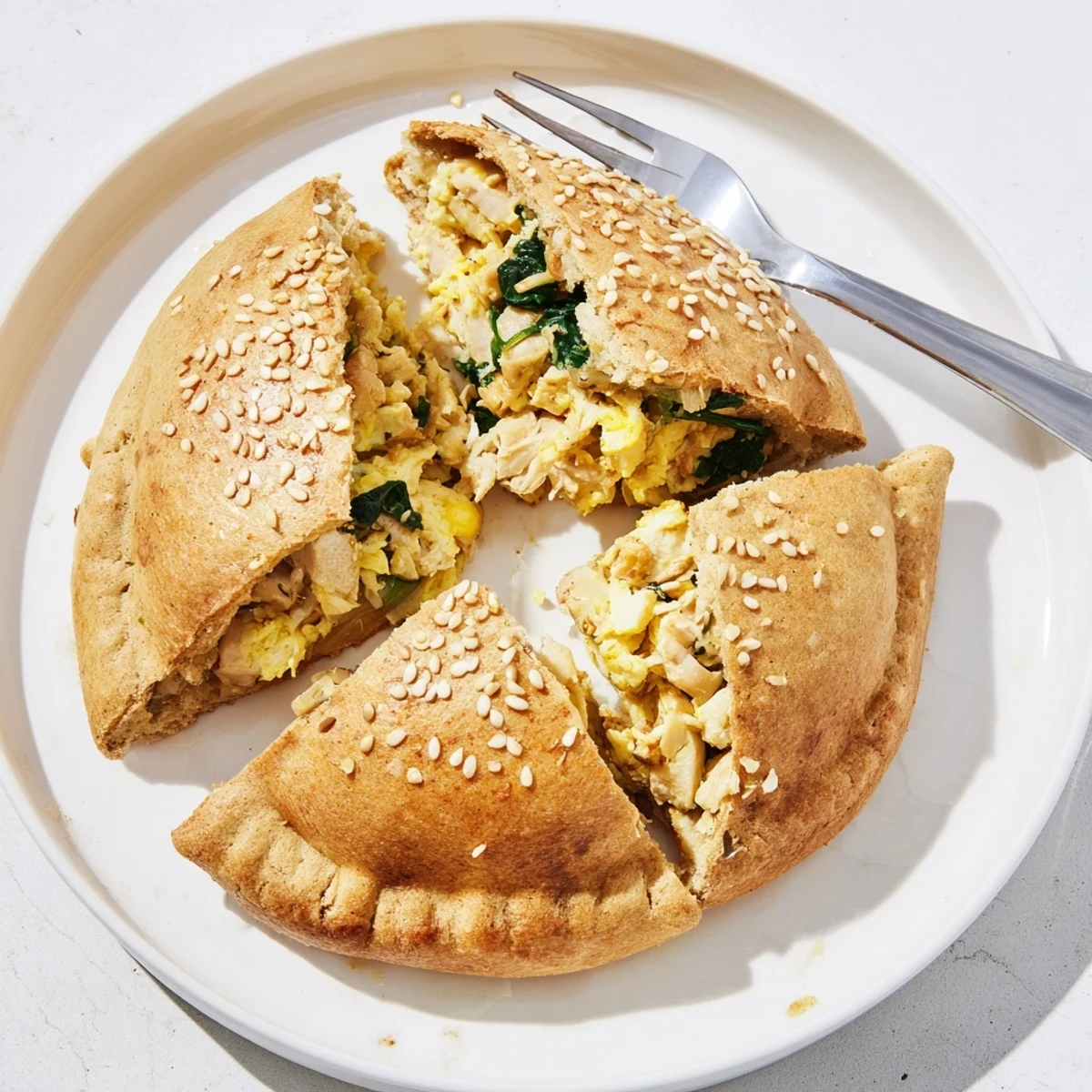 Homemade high protein breakfast hot pockets featuring flaky whole wheat dough with savory scrambled eggs