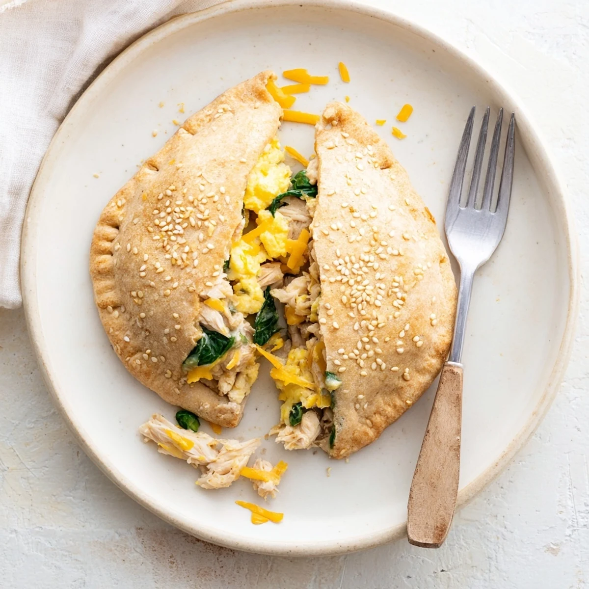 Steaming high protein breakfast hot pockets sprinkled with sesame seeds on a wooden cutting board
