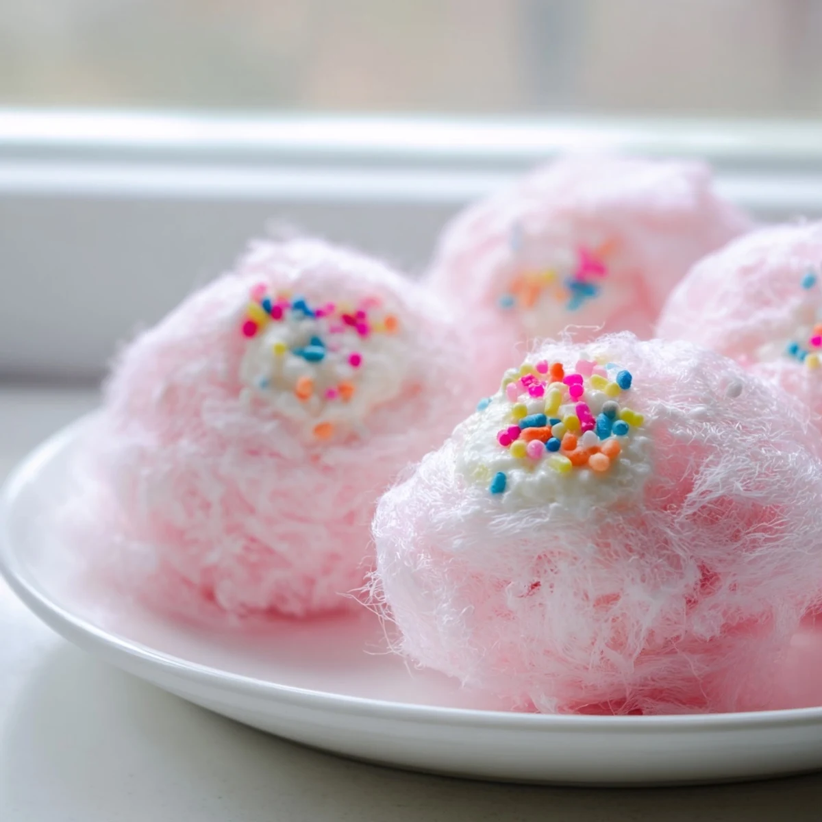 Mini Cotton Candy Cheesecake Puff Balls with fluffy pink spun sugar coating and creamy centers