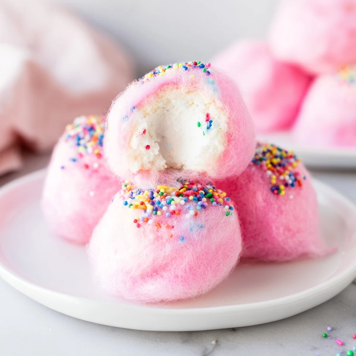 Bite-sized Mini Cotton Candy Cheesecake Puff Balls arranged on a decorative serving platter