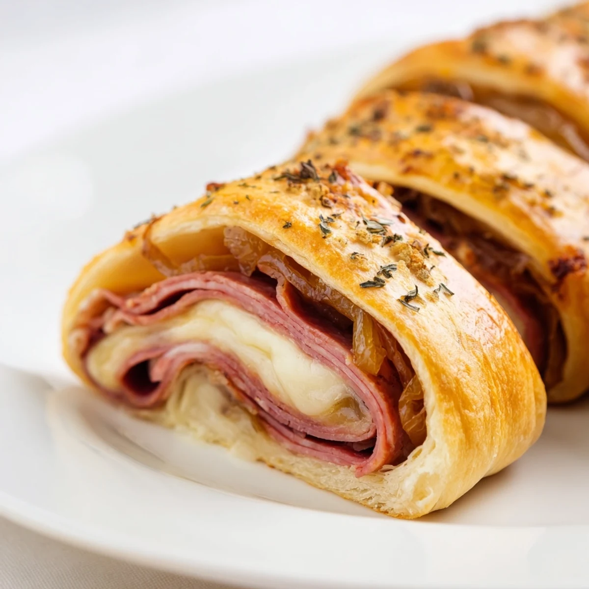 Golden Beef and Cheese French Dip Roll Ups arranged on a platter with savory au jus dipping sauce