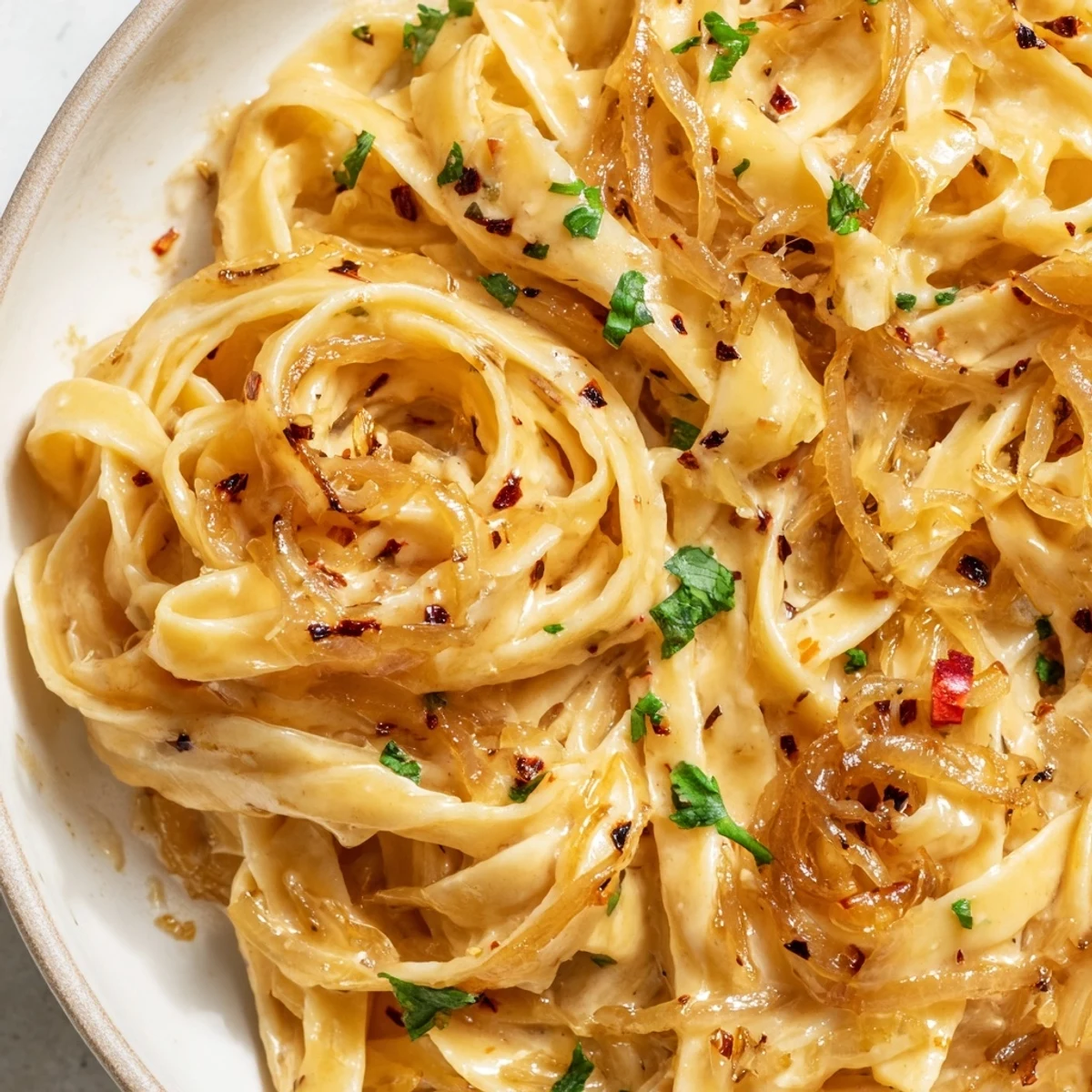 Creamy Sweet Heat Caramelized Onion Fettuccine topped with fresh parsley and Parmesan cheese