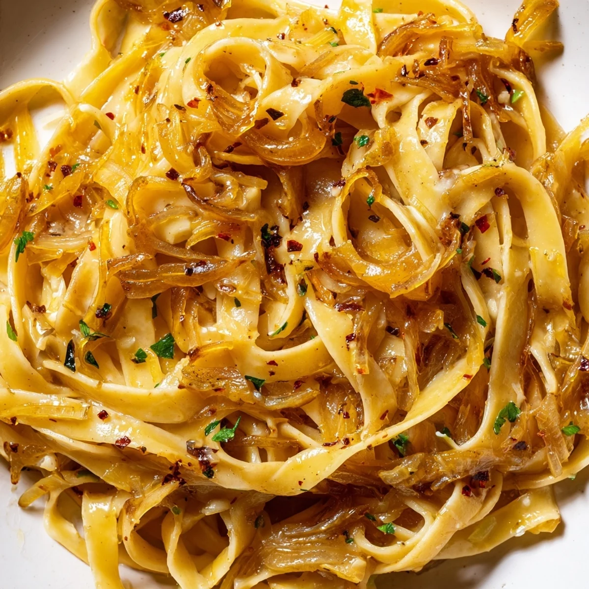 Golden caramelized onions coat Sweet Heat Caramelized Onion Fettuccine in a creamy, spicy sauce