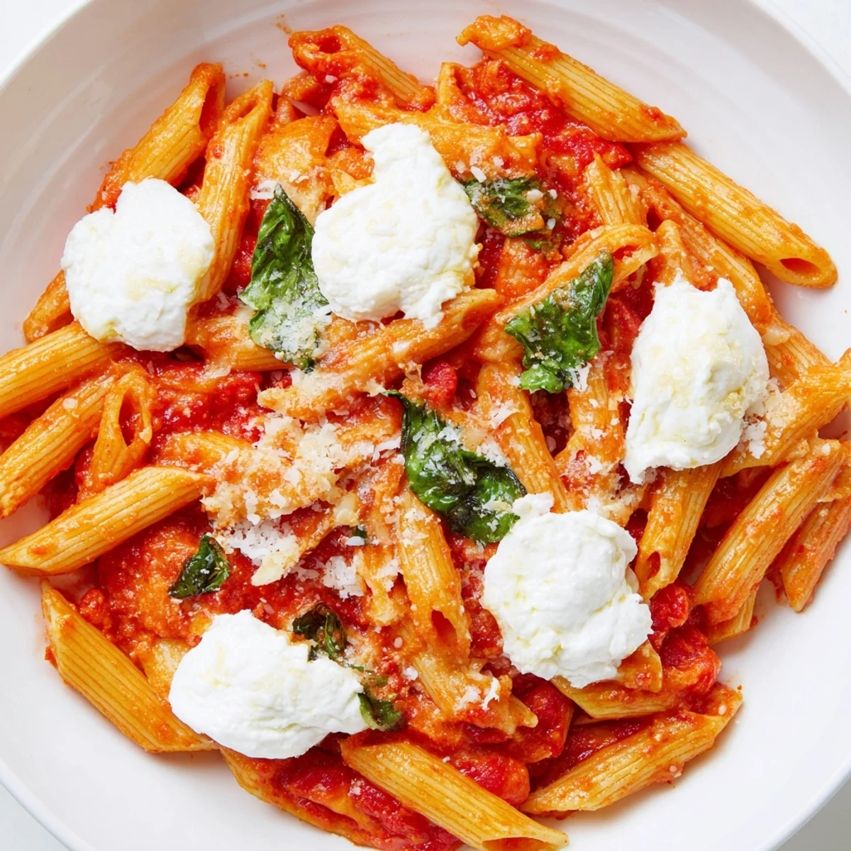 Creamy tomato garlic ricotta penne topped with fresh basil leaves on a white plate