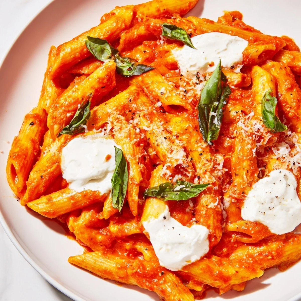Tender penne pasta coated in rich tomato garlic sauce with dollops of ricotta cheese