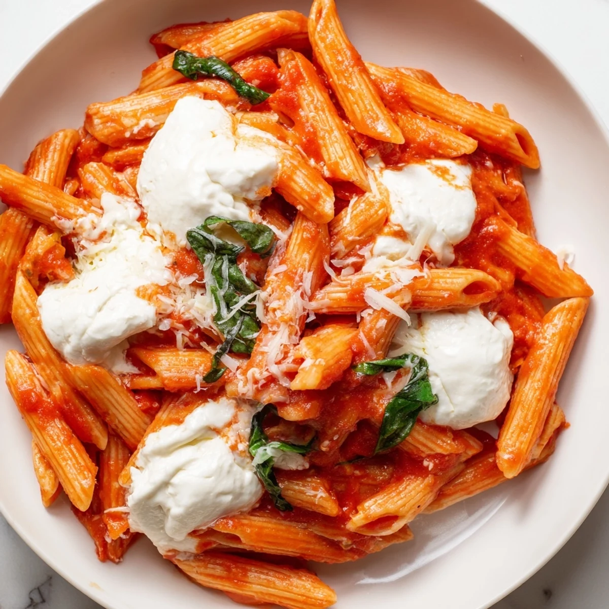 Warm tomato garlic ricotta penne served in a bowl with grated Parmesan and basil