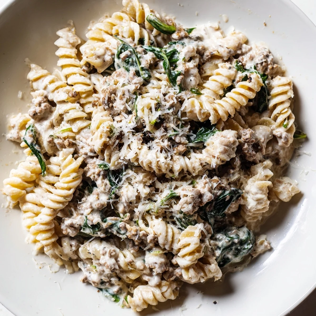 Creamy high protein beef pasta topped with parmesan cheese in a white bowl