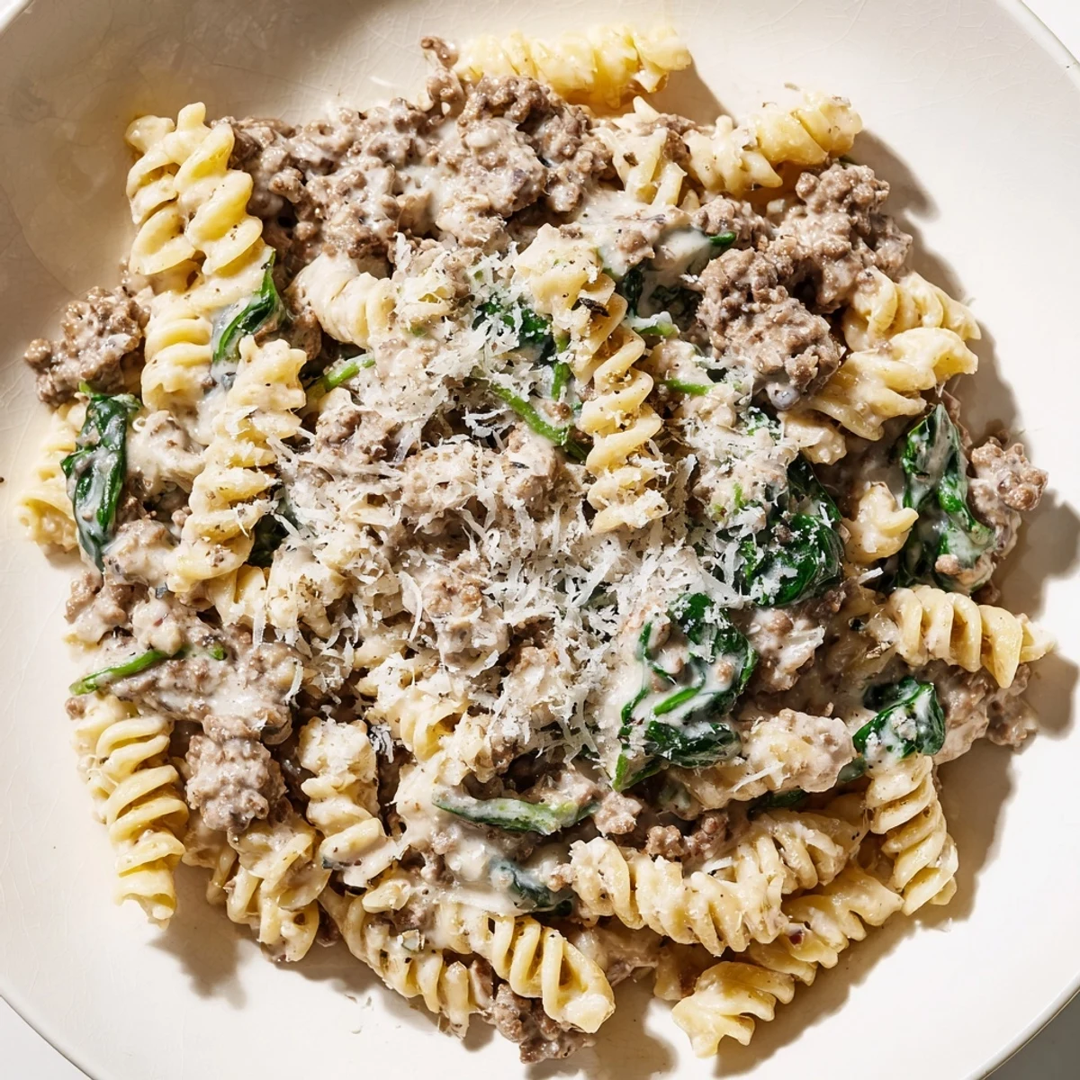 Tender ground beef and spinach coated in rich creamy high protein beef pasta sauce