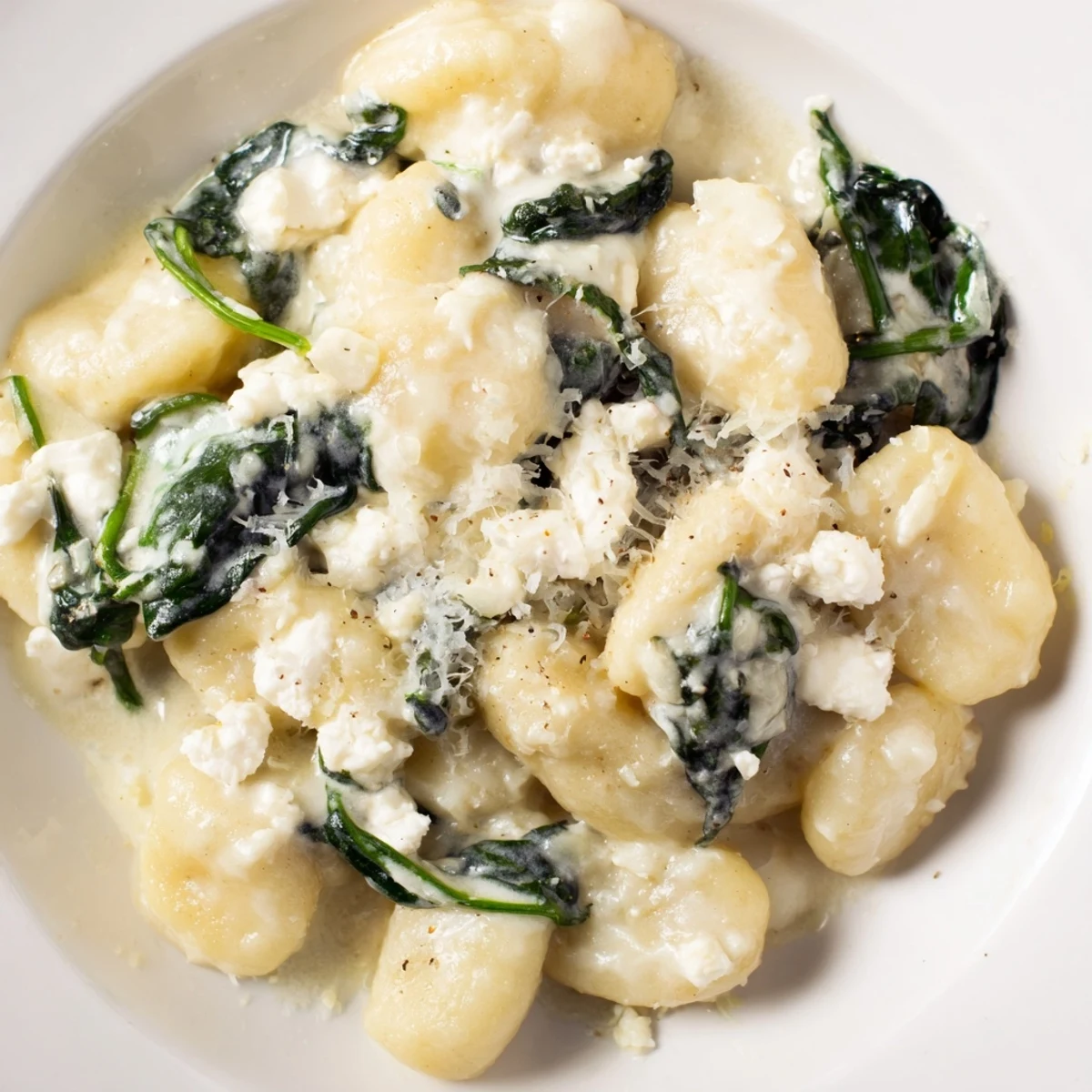 Creamy gnocchi with spinach and feta topped with crumbled cheese in white sauce