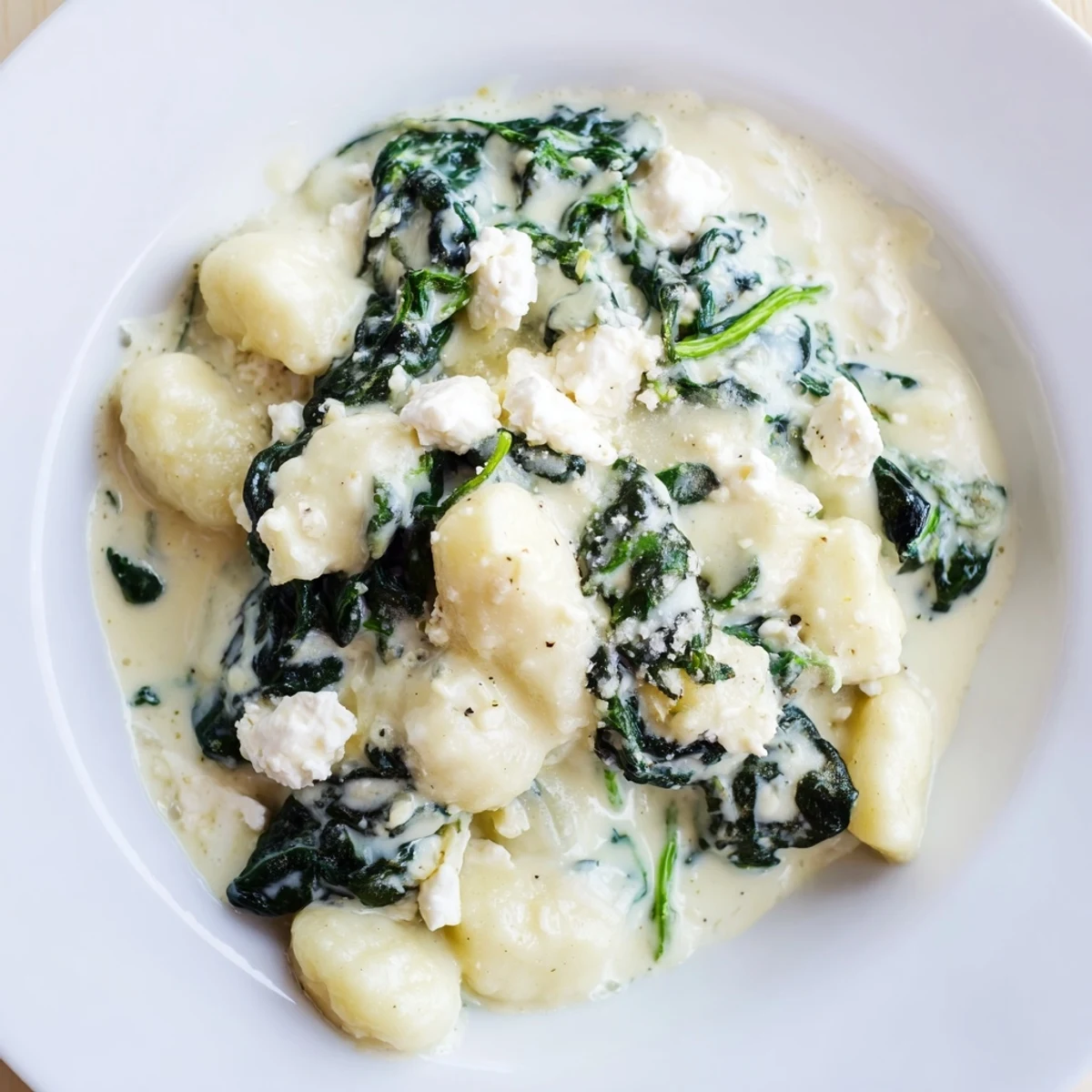 Golden potato gnocchi tossed in velvety cream sauce with wilted spinach and feta