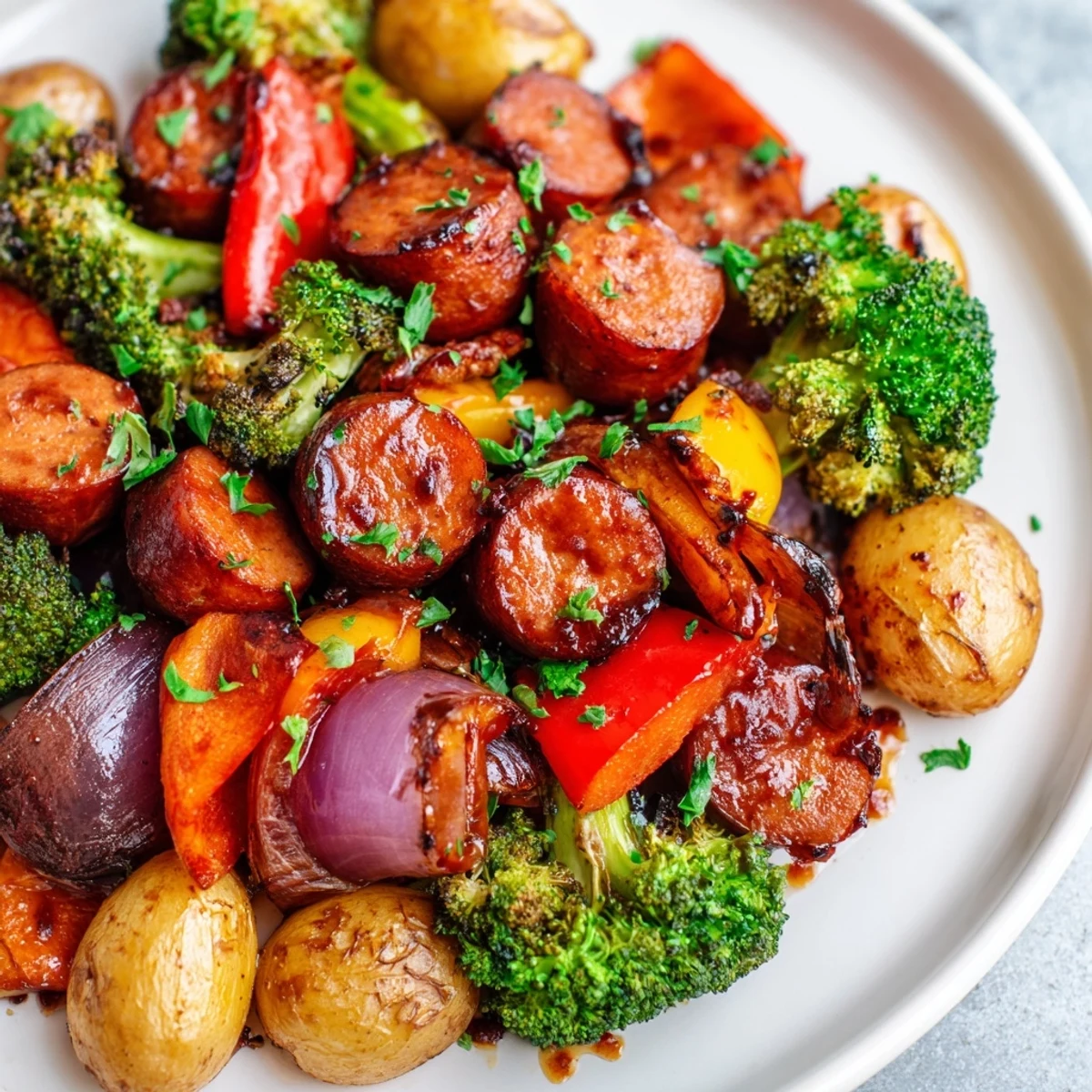 Golden honey garlic kielbasa with roasted vegetables glistening on a sheet pan