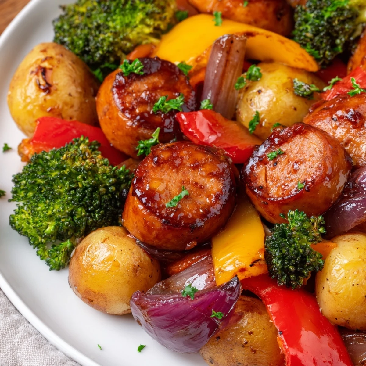 One pan honey garlic kielbasa veggies with caramelized broccoli and tender potatoes