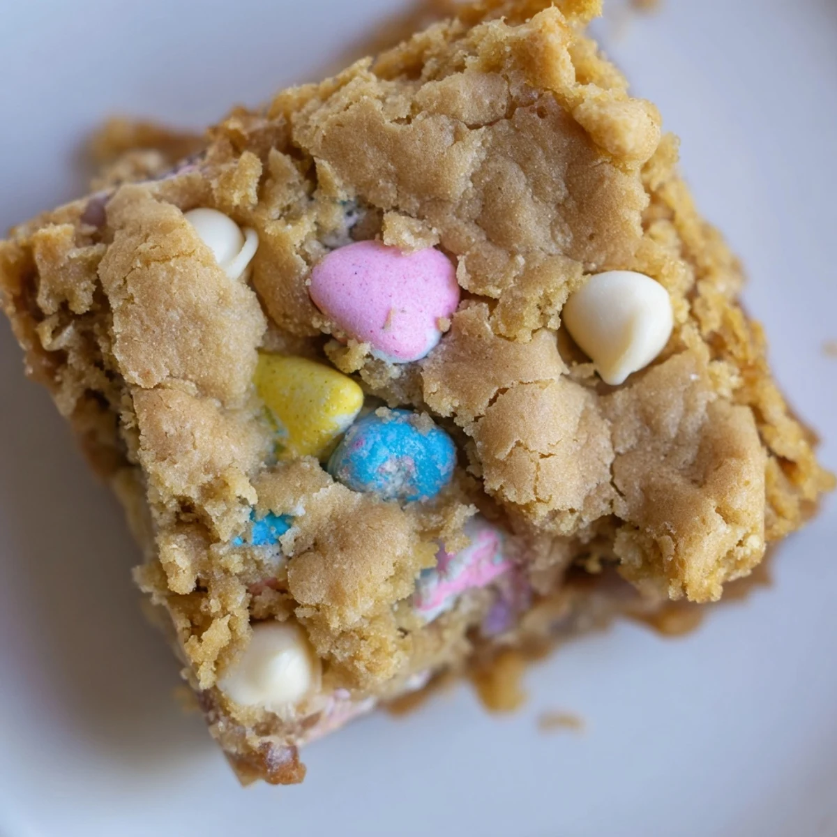 Chewy golden Mini Cadbury Easter Egg Blondies studded with colorful candy pieces on a rustic wooden cutting board