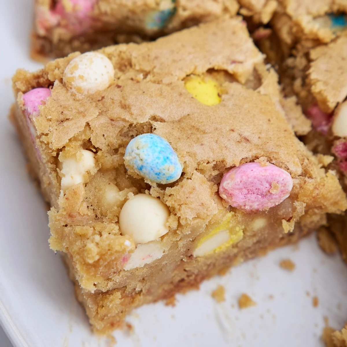 Warm Mini Cadbury Easter Egg Blondies with melted white chocolate chips and vibrant pastel candy speckles throughout