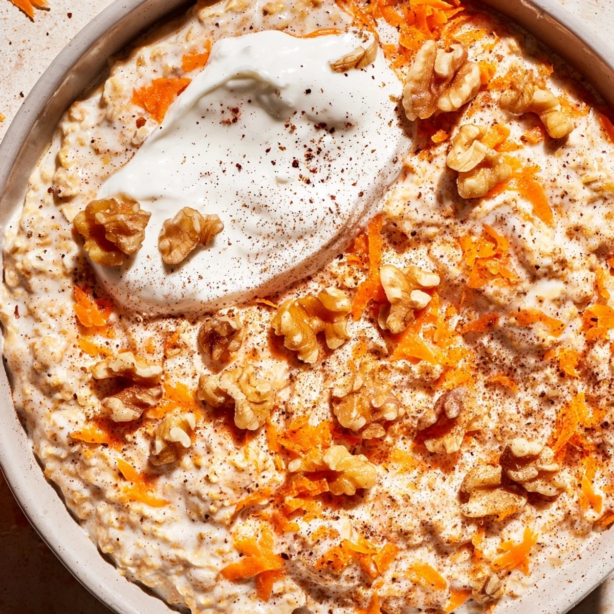 Creamy carrot cake overnight oats topped with walnuts and raisins in a glass jar