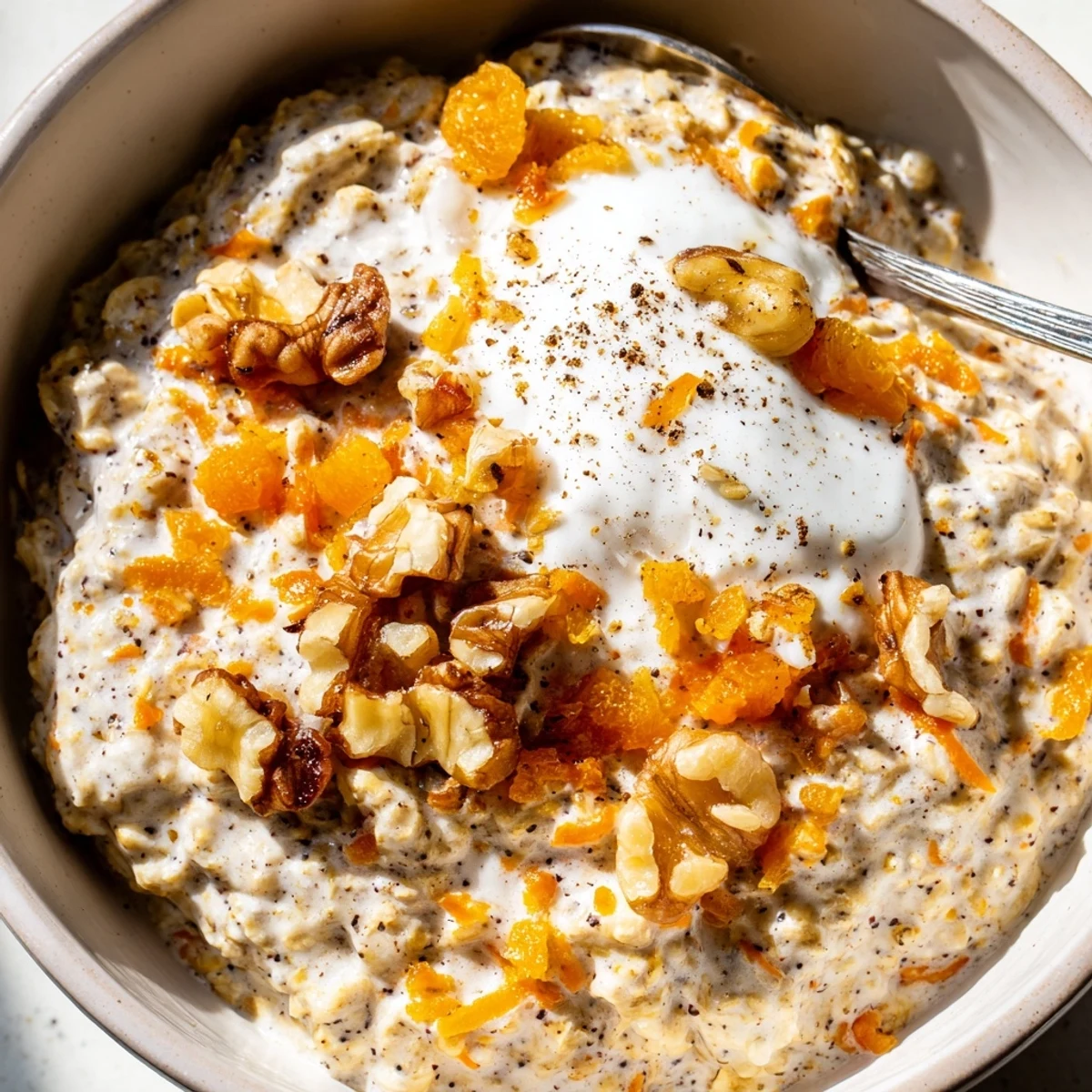 Spiced carrot cake overnight oats with grated carrots, yogurt, and a maple drizzle