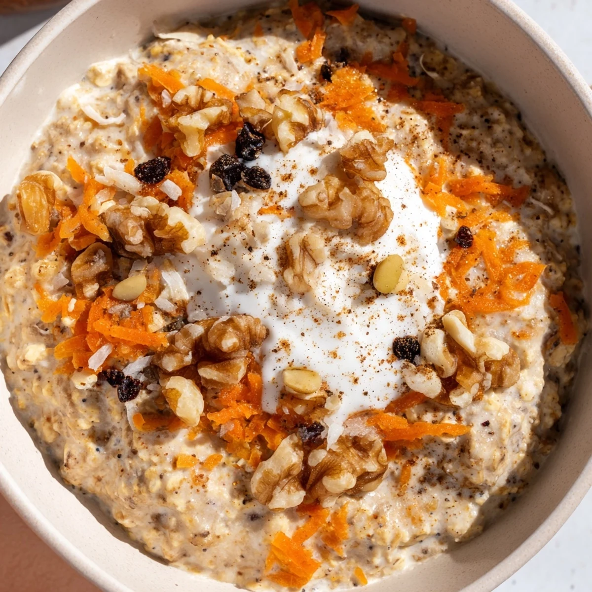 Thick carrot cake overnight oats served in mason jars with crunchy nut toppings