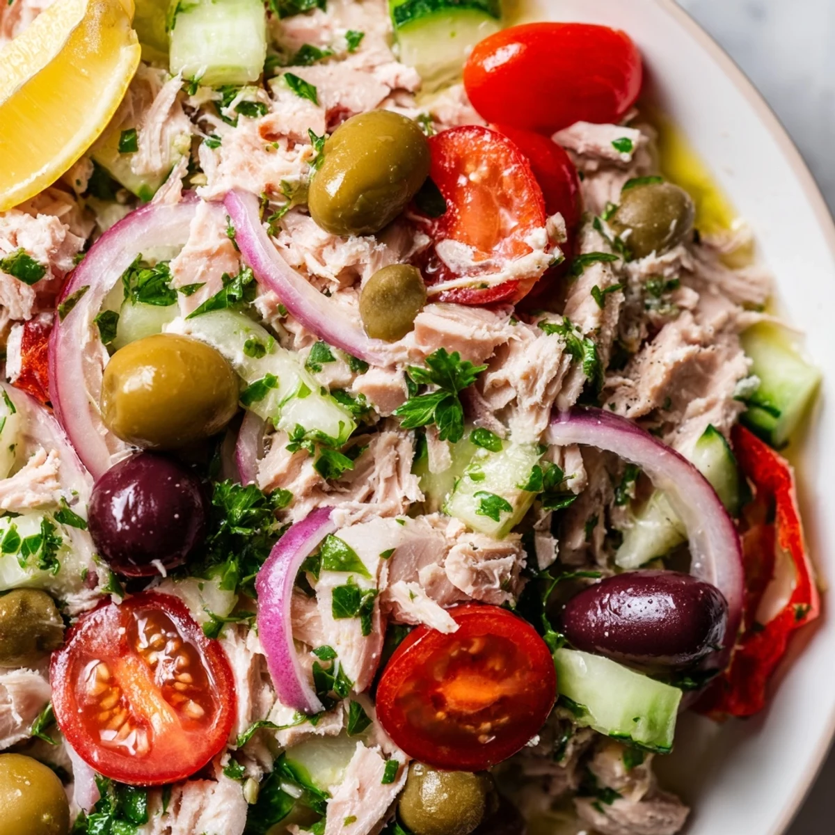 Simple Mediterranean Tuna Salad in a white bowl with cherry tomatoes, cucumber, olives, and fresh parsley