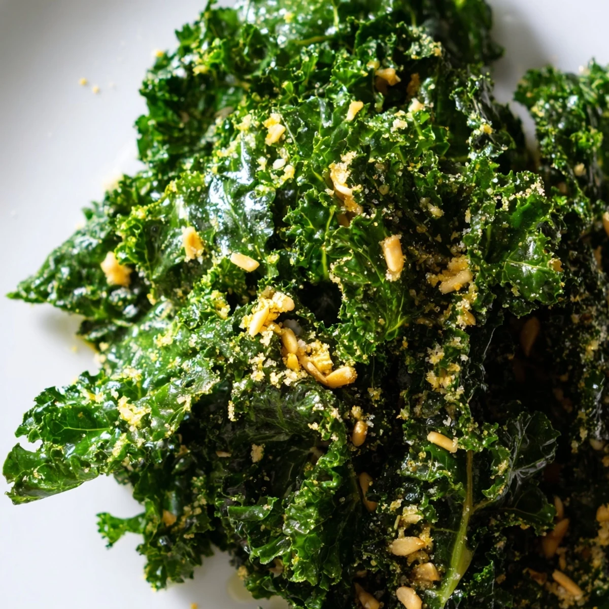 Fresh Garlic Lemon Parmesan Kale Salad served in a rustic white ceramic bowl