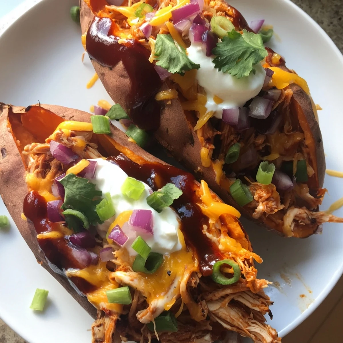 BBQ chicken stuffed sweet potatoes topped with melted cheddar and fresh green onions