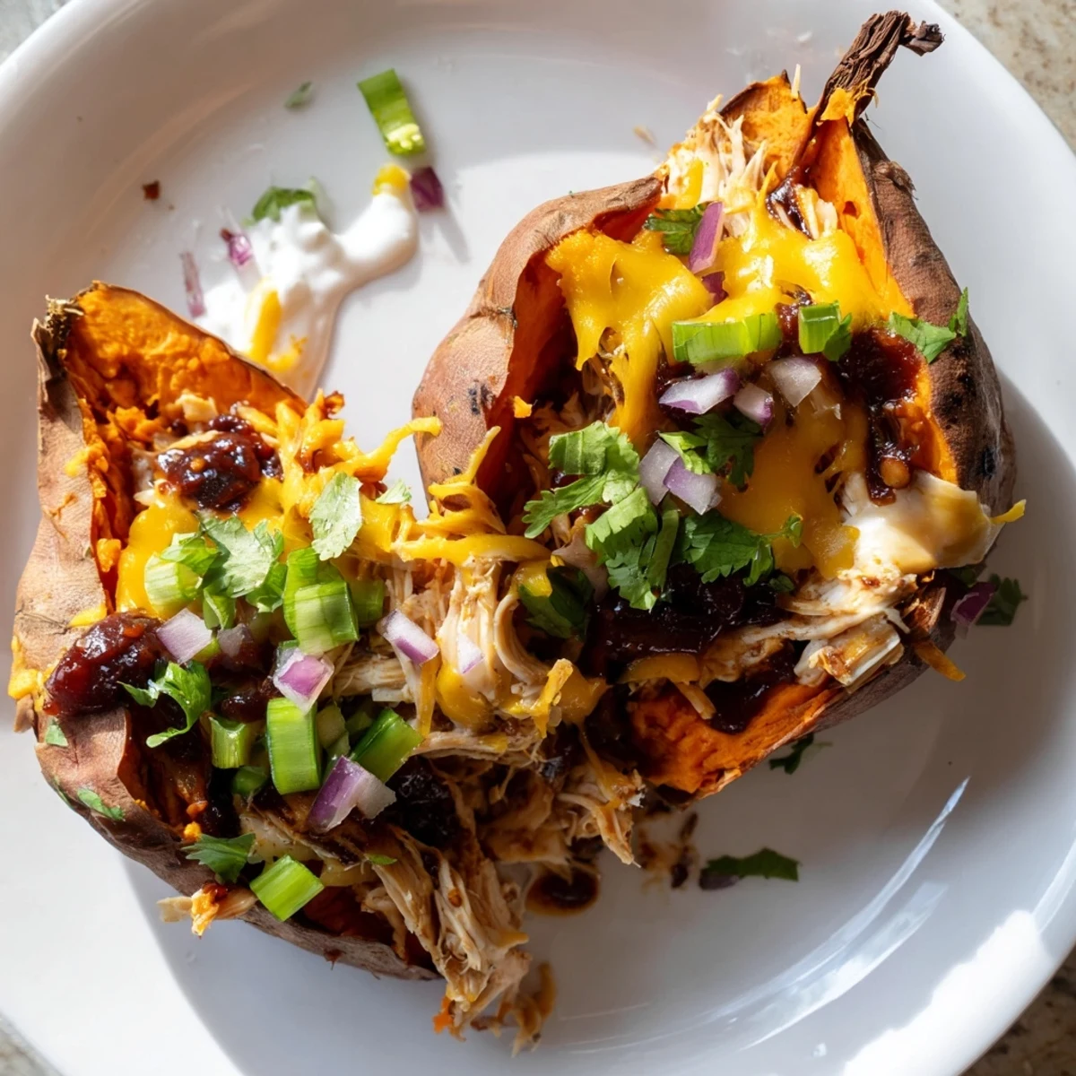 Tender roasted sweet potatoes overflowing with smoky BBQ chicken and gooey cheese