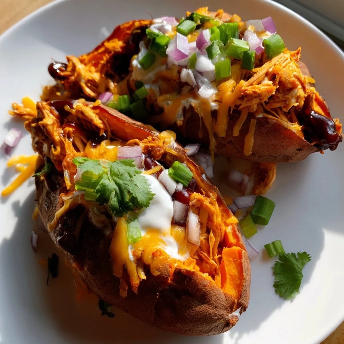 Golden baked sweet potatoes loaded with tangy barbecue chicken and a sour cream dollop