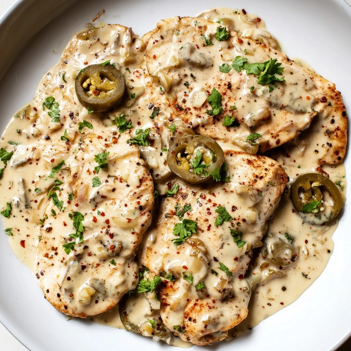 Golden jalapeno chicken breasts smothered in creamy melted cheese sauce with sliced peppers