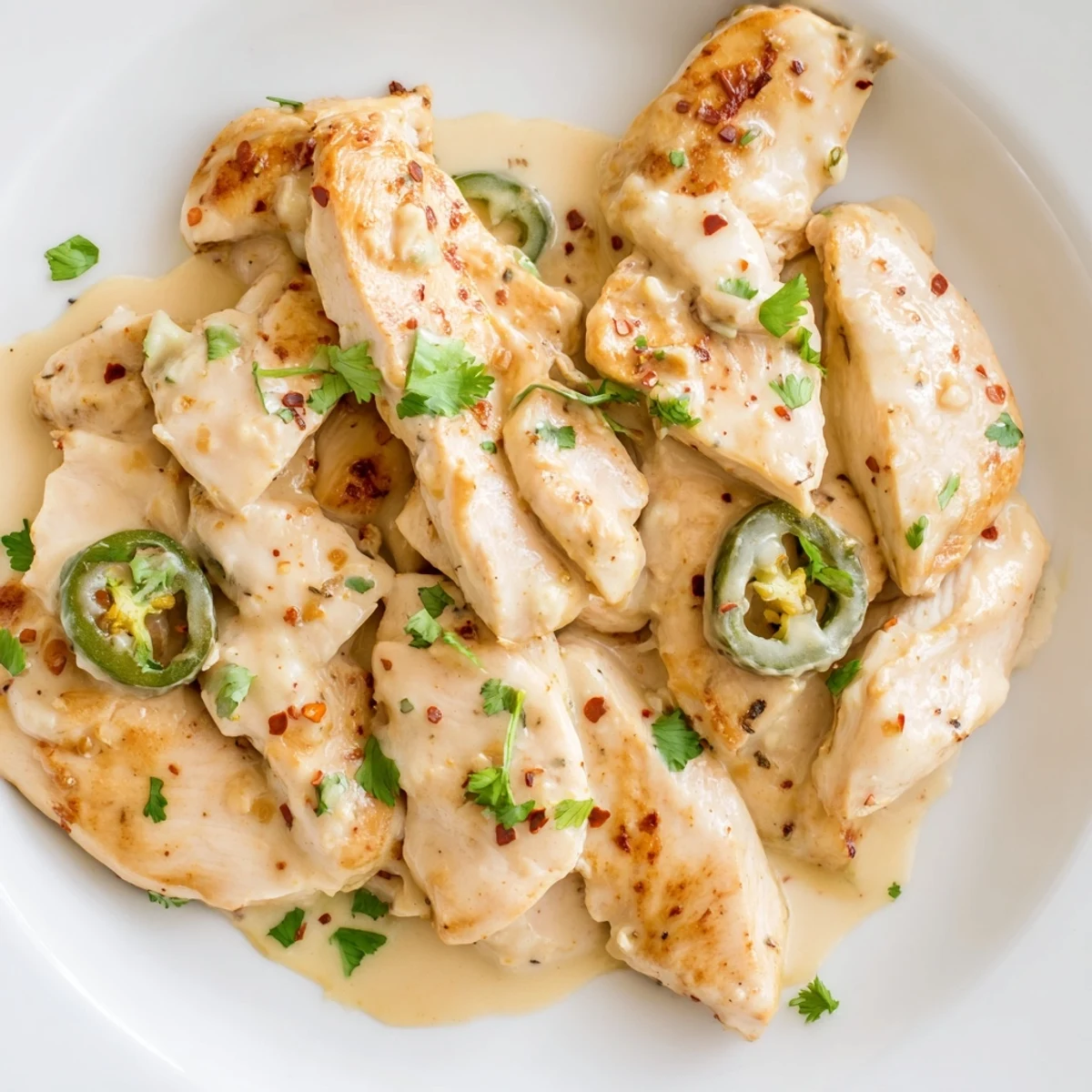 Spicy jalapeno chicken simmering in rich garlic cream sauce topped with fresh cilantro