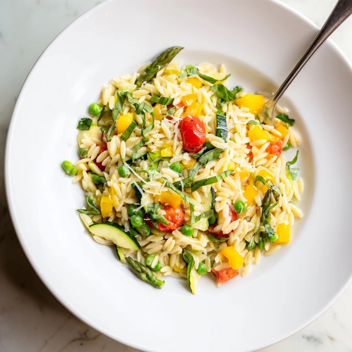 Colorful Orzo Primavera in a skillet with cherry tomatoes, basil, and Parmesan