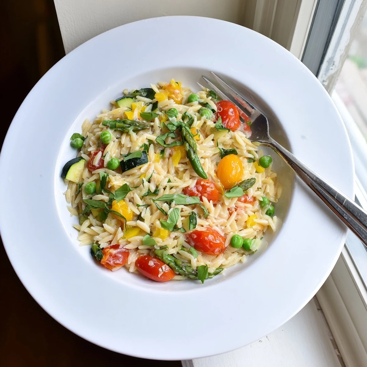 Creamy Orzo Primavera tossed with bright spring vegetables and fresh herbs