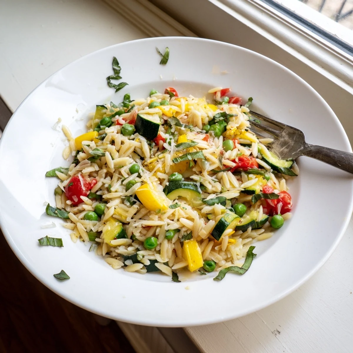 Steaming bowl of Orzo Primavera garnished with parsley and lemon zest