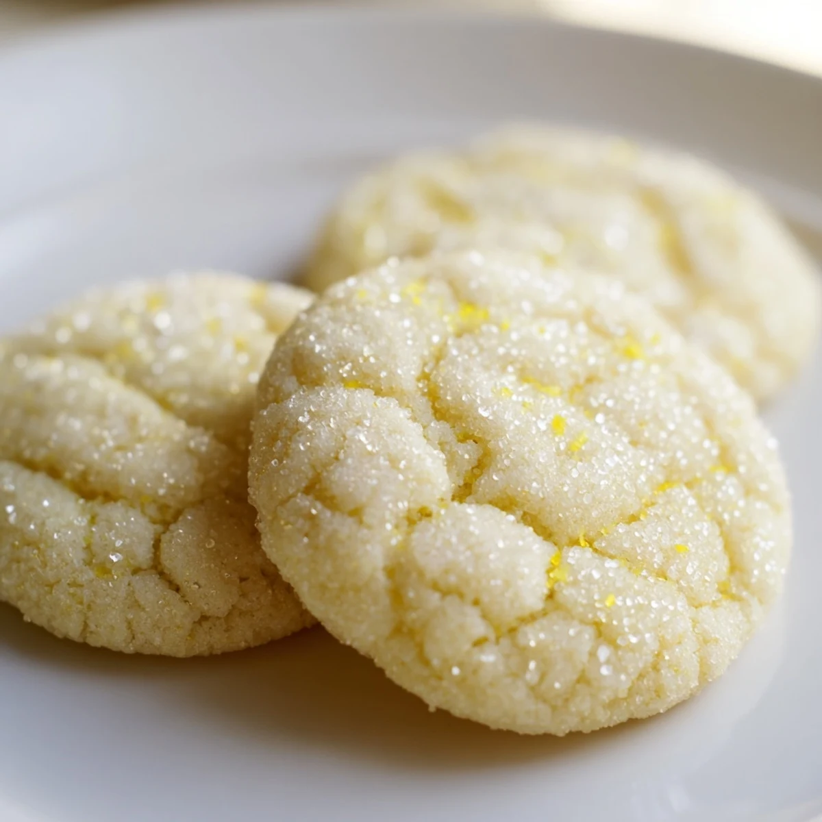 Chewy lemon sugar cookies dusted with sparkling sugar cooling on a wire rack