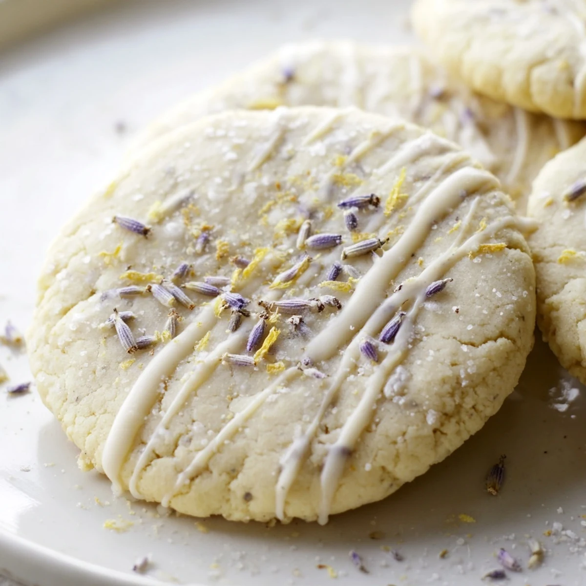 Soft lemon lavender cookies drizzled with sweet citrus glaze, stacked in a tower