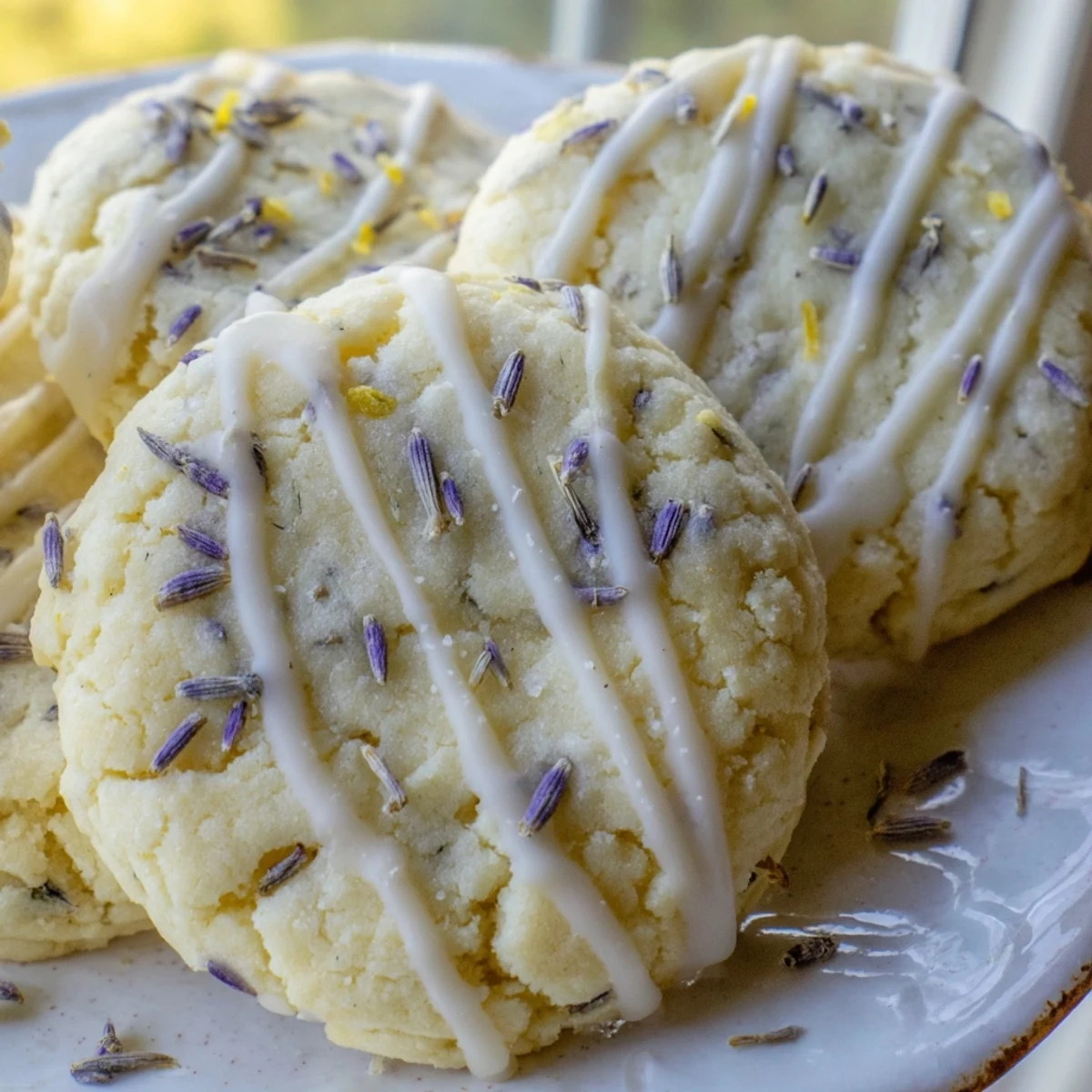 Delicate lemon lavender cookies dusted with sugar crystals beside a steaming teacup