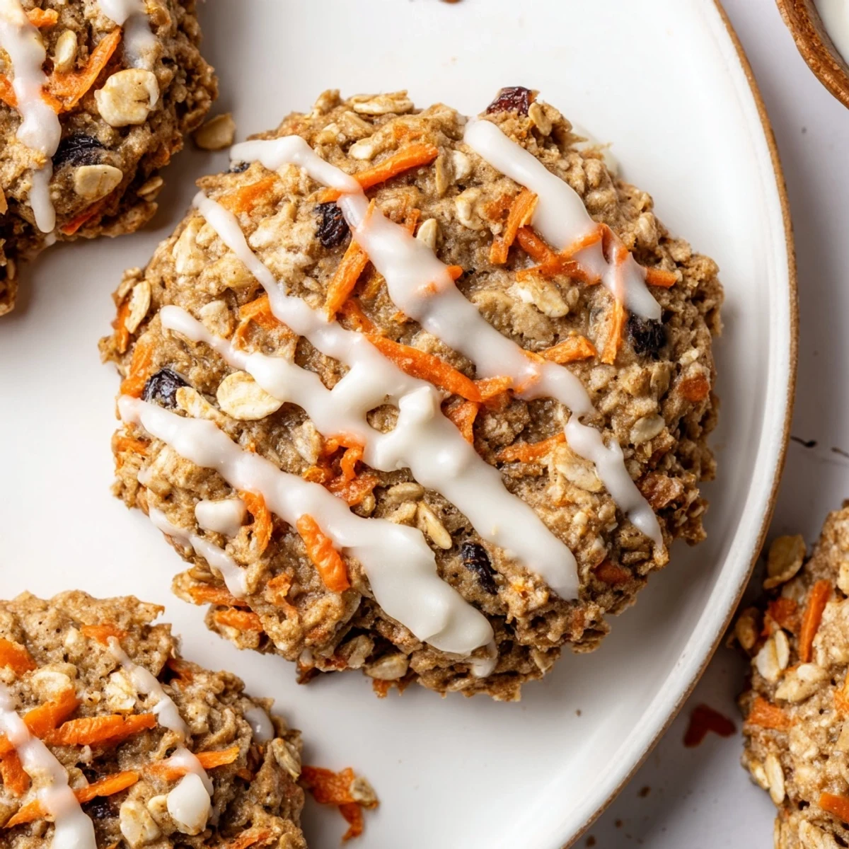Chewy brown butter carrot cake cookies with golden edges, studded with grated carrots and crunchy walnuts
