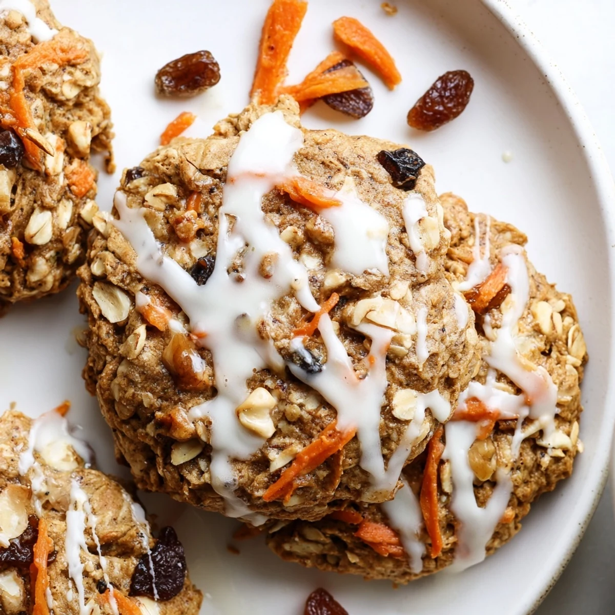 Soft chewy brown butter carrot cake cookies drizzled with tangy cream cheese glaze on a rustic baking sheet