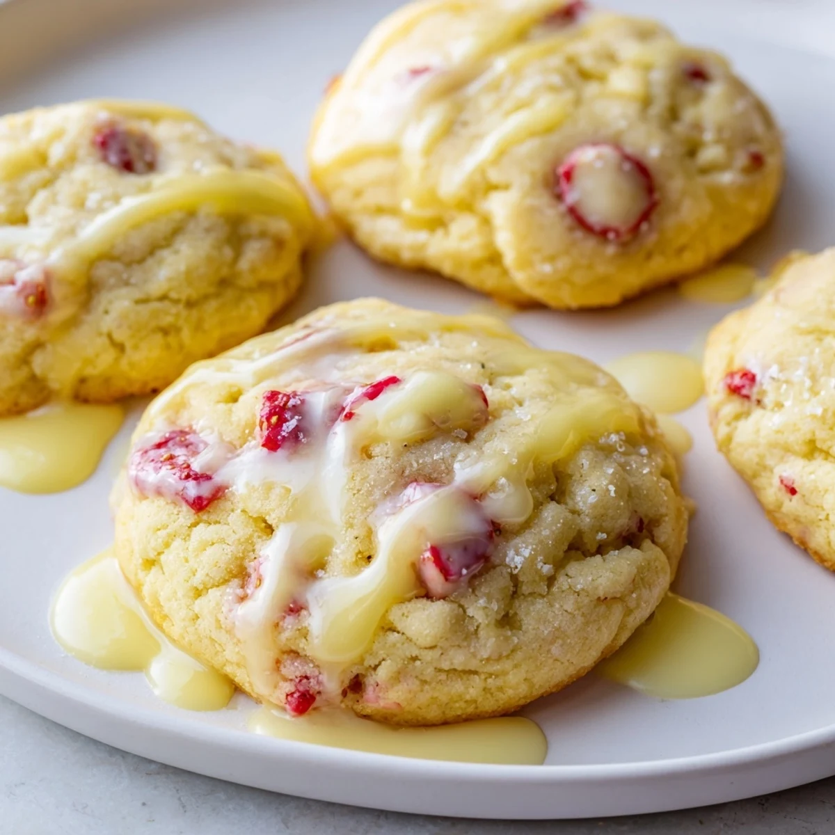 Soft strawberry lemonade cookies with pink frosting drizzled on top for summer